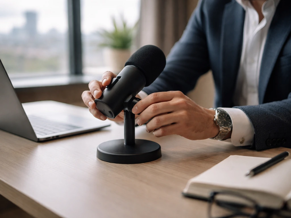 Close-up of an anonymous businessman’s hands adjusting a desktop microphone in a quiet office studio