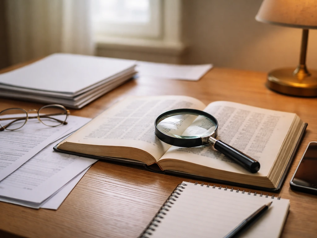 Desk with open wealth-list book, magnifying glass, and blank documents suggesting research sourcing workflow.