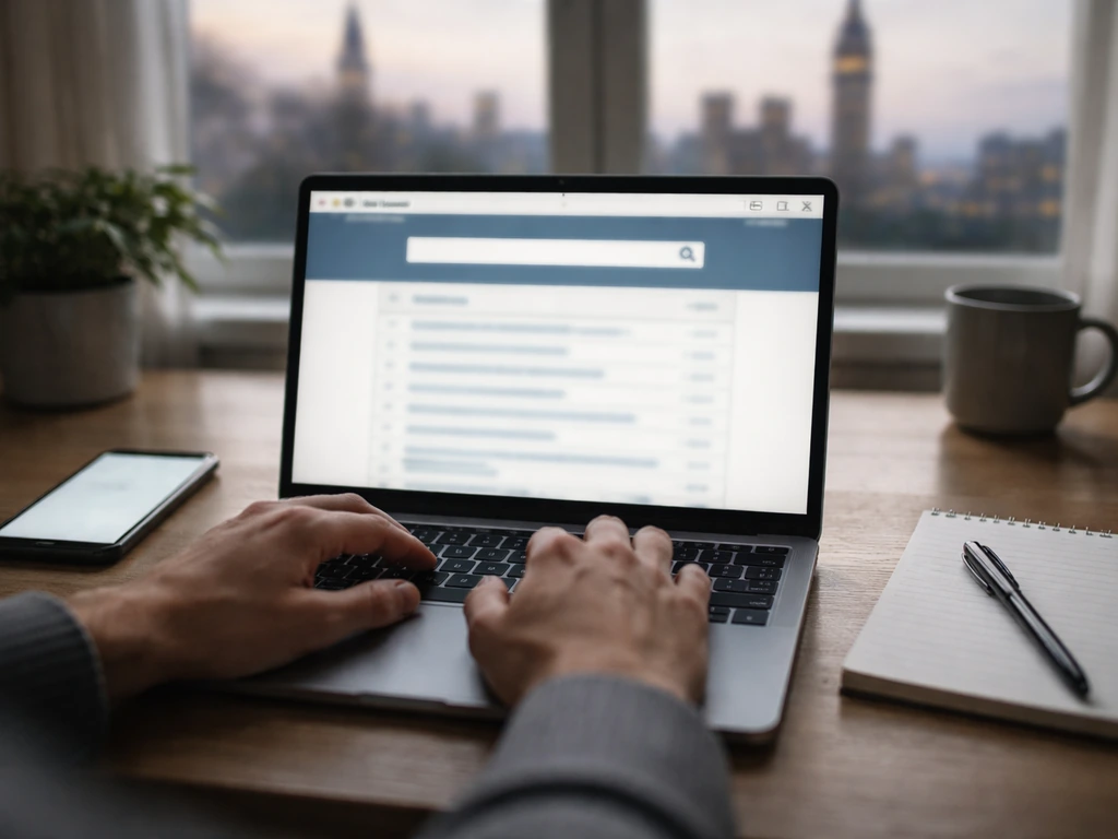 Hands reviewing a blurred laptop government company search and filing history in a quiet home office.