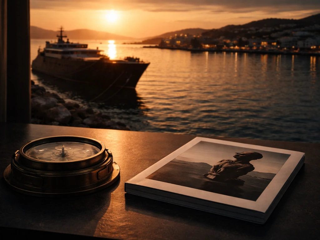 Dusk Greek harbor with a ship in silhouette and a compass and art catalog on a desk.