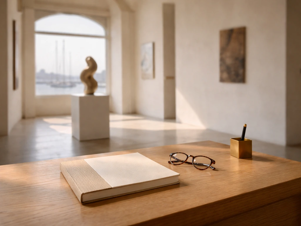 Minimal art gallery desk with art catalog and glasses, with blurred harbor masts outside the window.