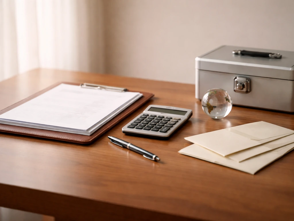 Minimal desk scene with documents, calculator, lockbox, and sealed envelopes suggesting private wealth calculation.
