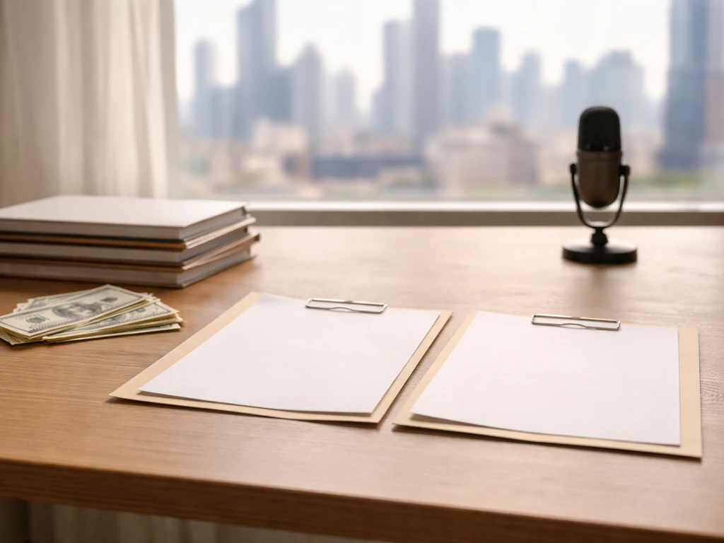 Minimal desk scene with scattered money and closed finance reports, symbolizing differing net worth figures.