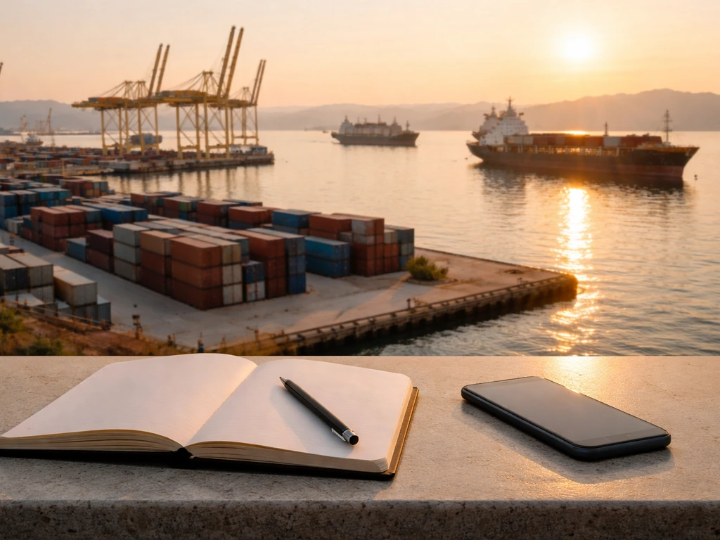Greek harbor at golden hour with a shipping container yard symbolizing business wealth and net-worth analysis