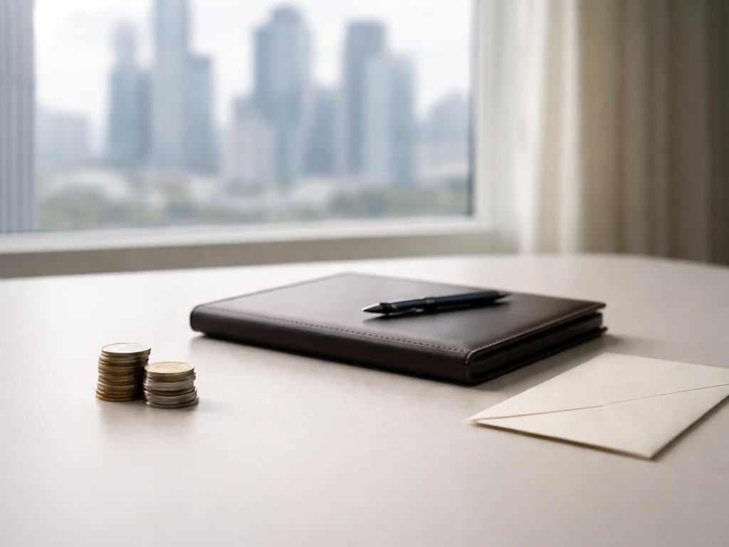 Minimal office desk with envelope, coins, and a blurred city skyline suggesting net worth breakdown