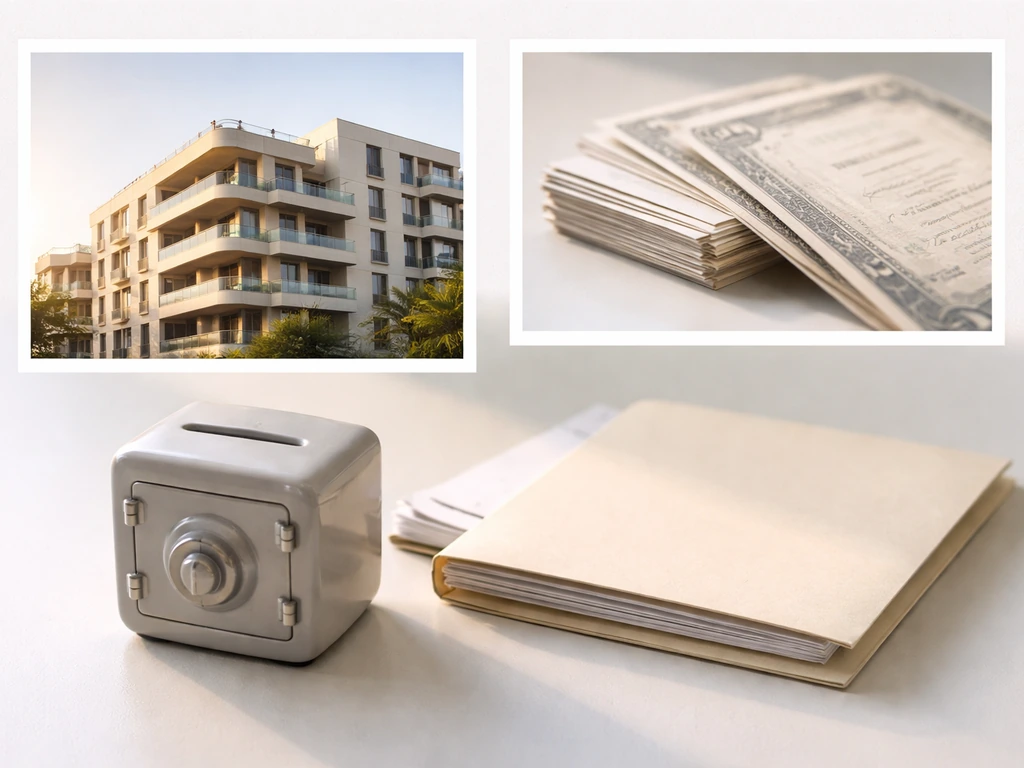 Minimal collage-style photo of real estate and investment items symbolizing passive income