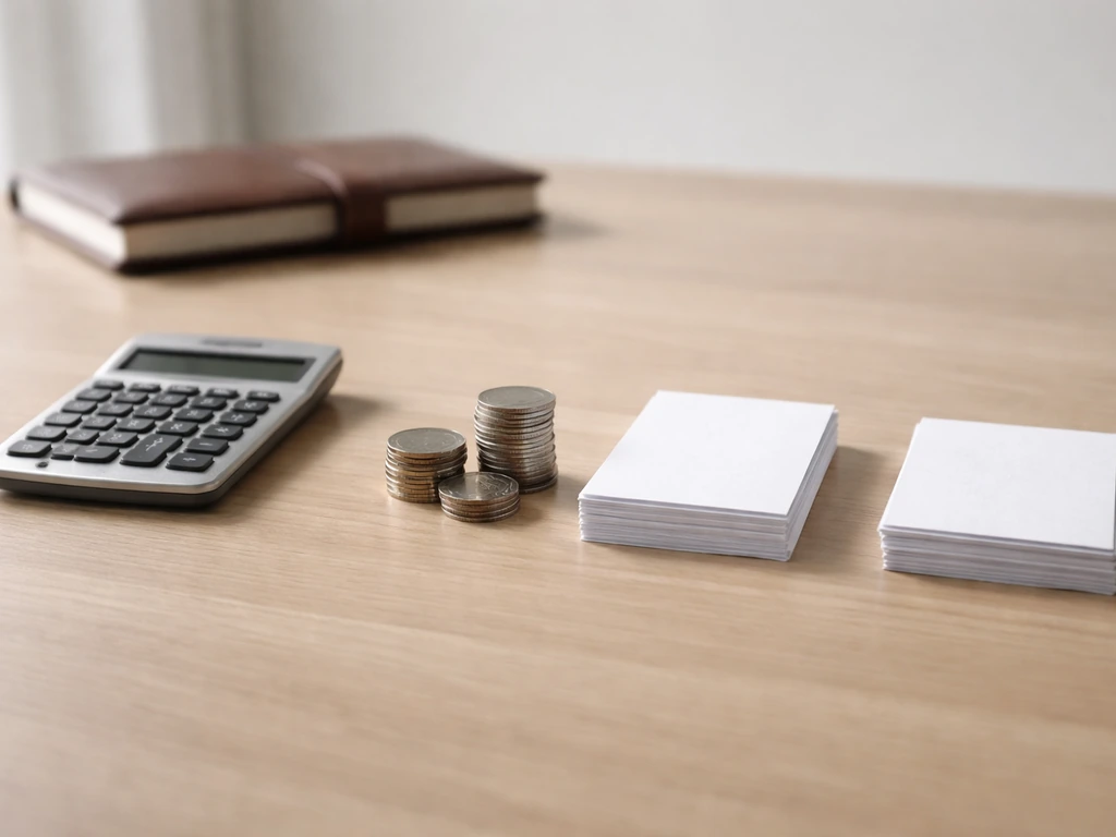 Minimal office desk with calculator, scattered papers, and a small stack of coins suggesting assets versus liabilities.