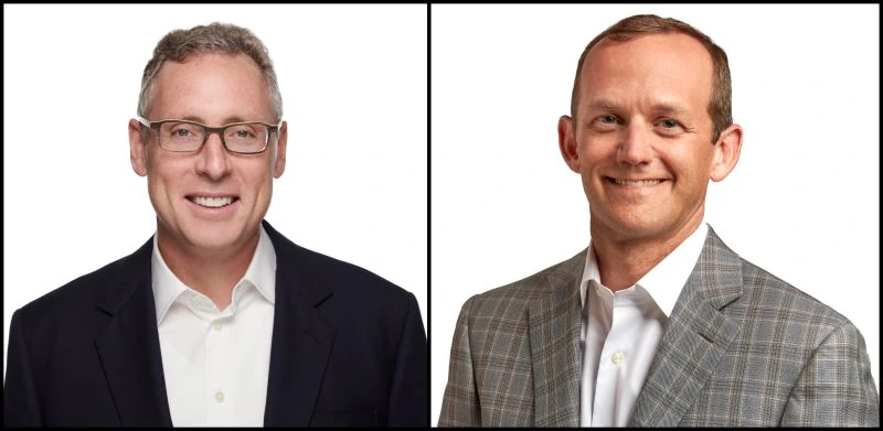 Two headshots of KKR private equity executives on a white background
