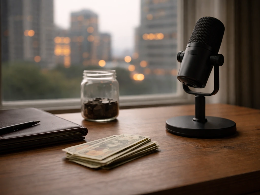 Minimal desk scene with portfolio, microphone, and partly filled jar of coins symbolizing a wide net worth range.