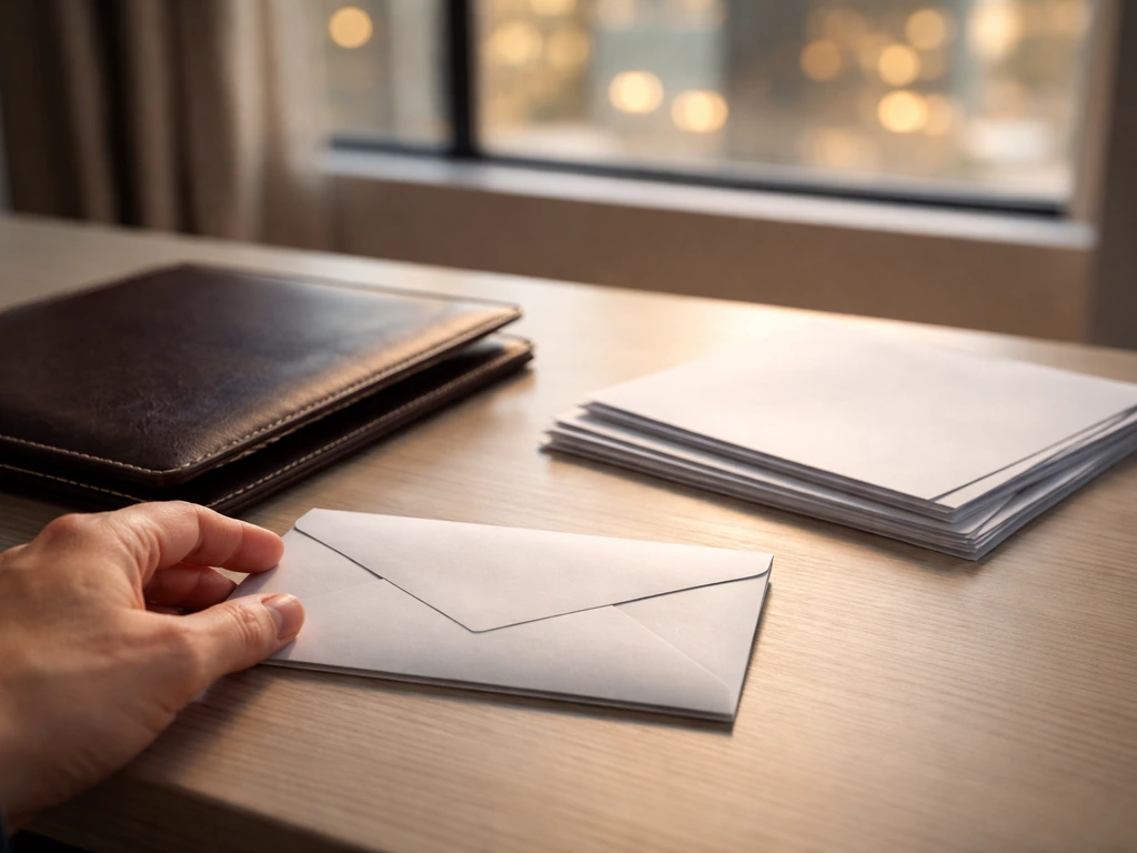 Hand places an envelope on a desk beside blank financial documents in a quiet office, implying private equity income.