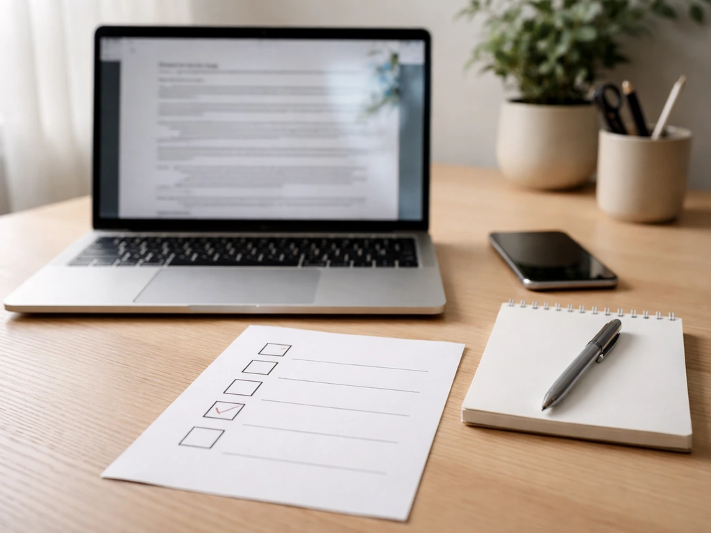 Minimal desk scene with laptop and papers suggesting SEC/filings verification, plus blank checklist paper.