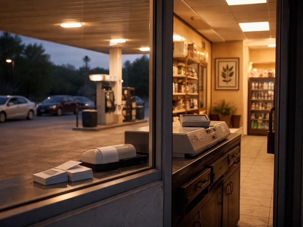 Minimal photo of a U.S. convenience store fuel station forecourt with a businesslike desk vibe, symbolizing net worth.
