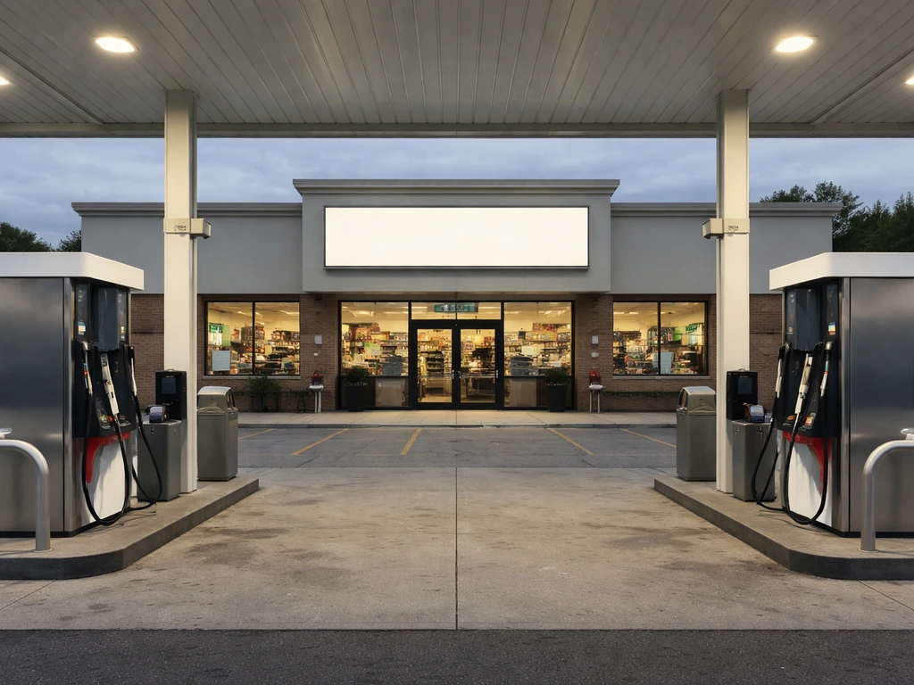 USA convenience store storefront and nearby fuel pumps, showing tangible business assets for net worth.
