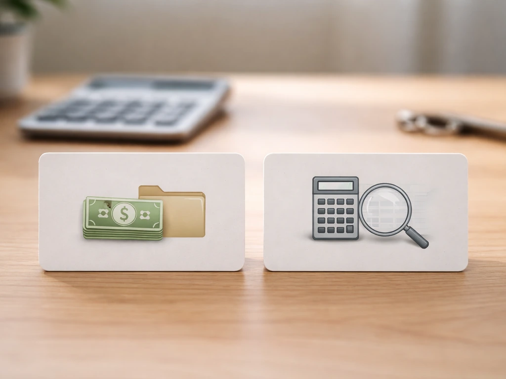 Two side-by-side desk cards symbolizing asset-minus-liabilities vs income-multiple methods, no text.
