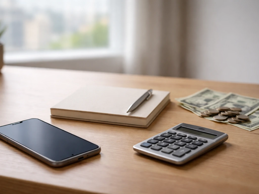 Minimal office desk scene with a smartphone, calculator, and scattered cash, symbolizing net-worth estimates.