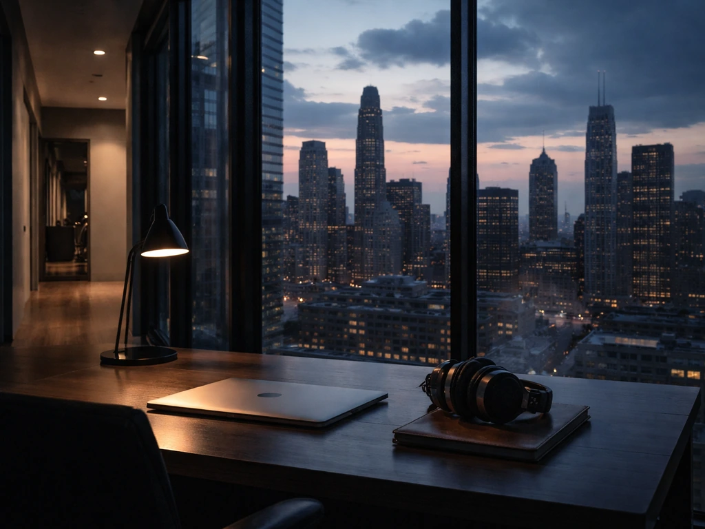 Minimal photo of a quiet film studio office with a window view of Chicago skyline at dusk.