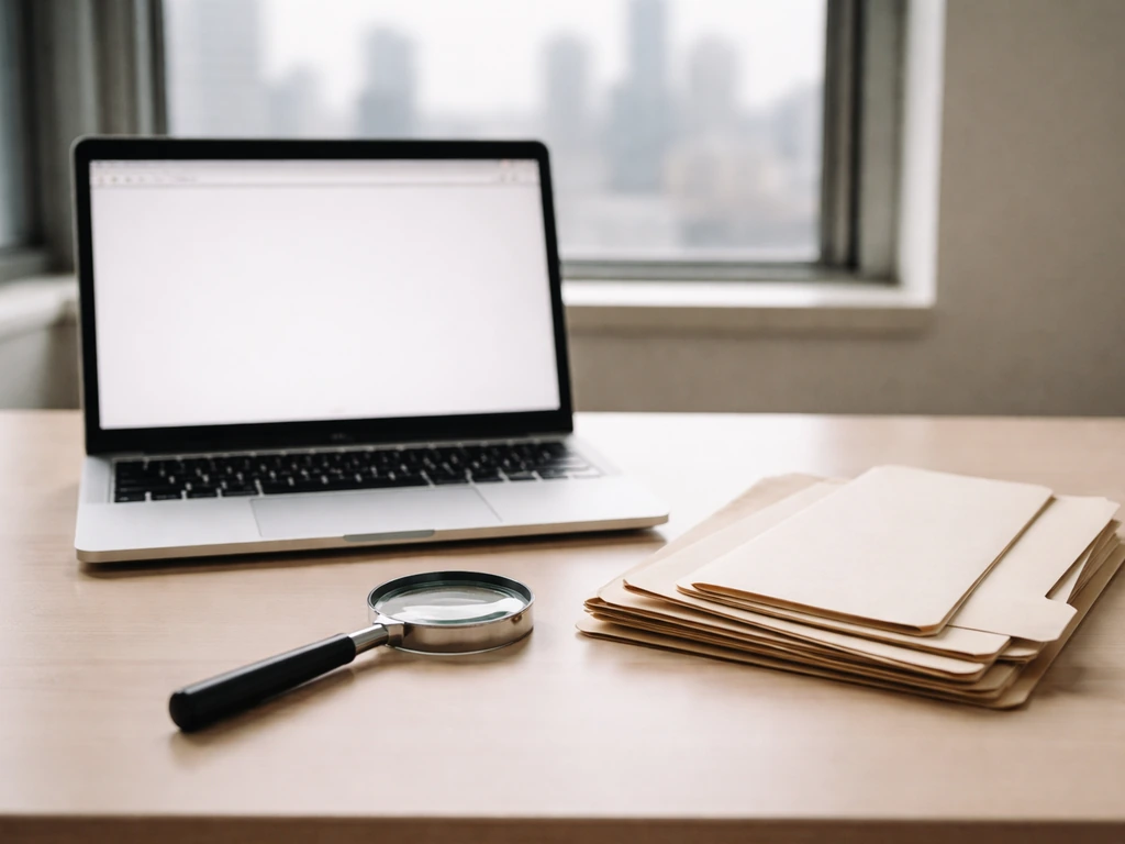 Minimal desk scene with open laptop and papers, suggesting evidence verification for financial records.