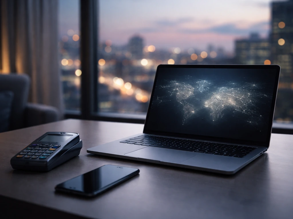 Minimal fintech desk scene with laptop and phone, city dusk window light, symbolic global payments mood.