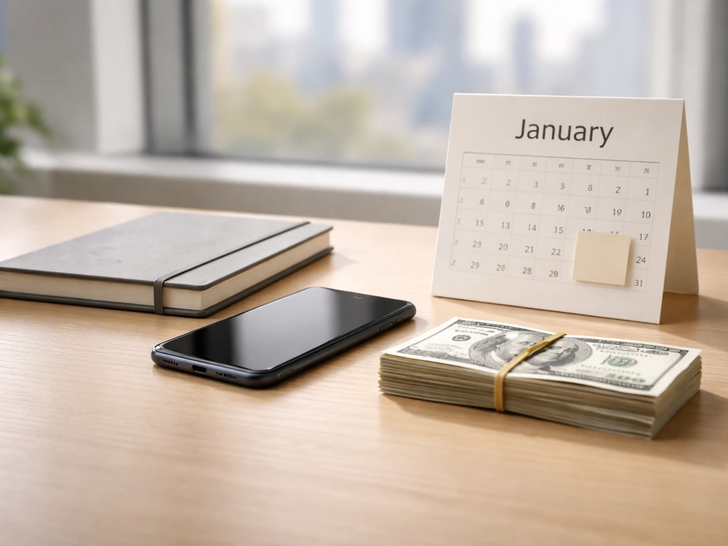 Desk with dollar bills and a January calendar page suggesting a dated net worth estimate.