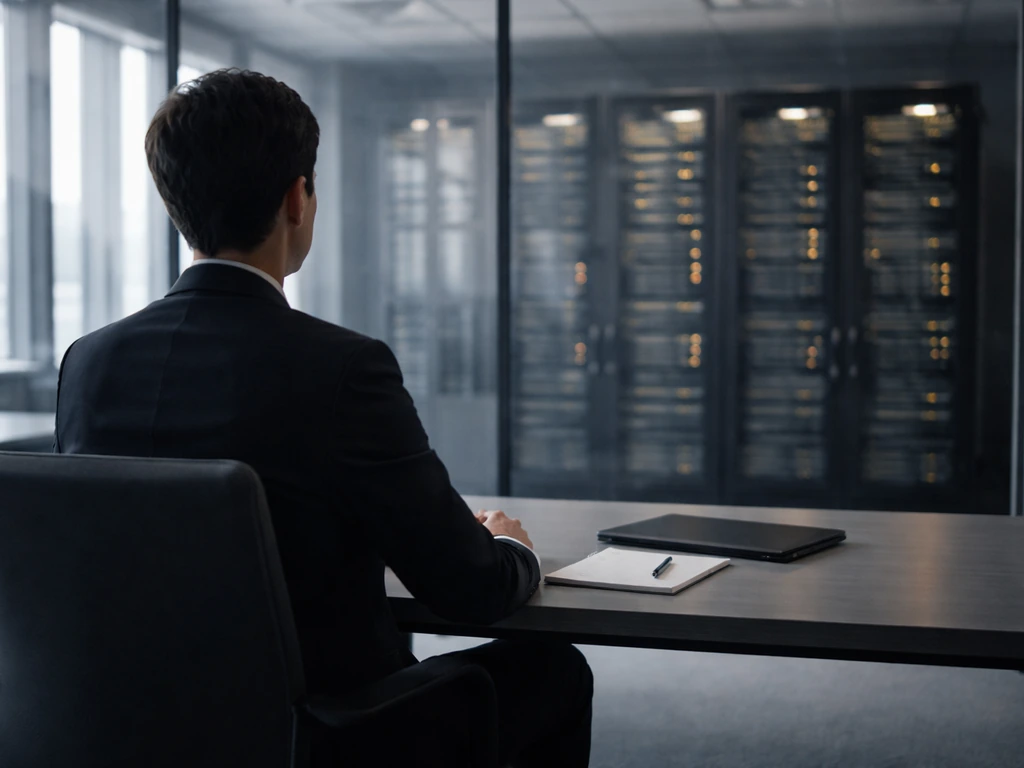 Anonymous executive in a modern JPMorgan-like payments operations room with server racks and glass walls
