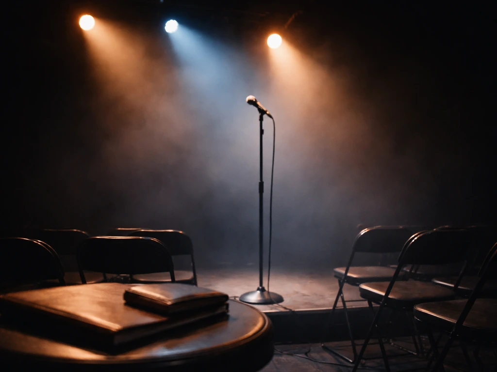 Empty comedy stage with a microphone under colored lights, with a wallet and notebook nearby.