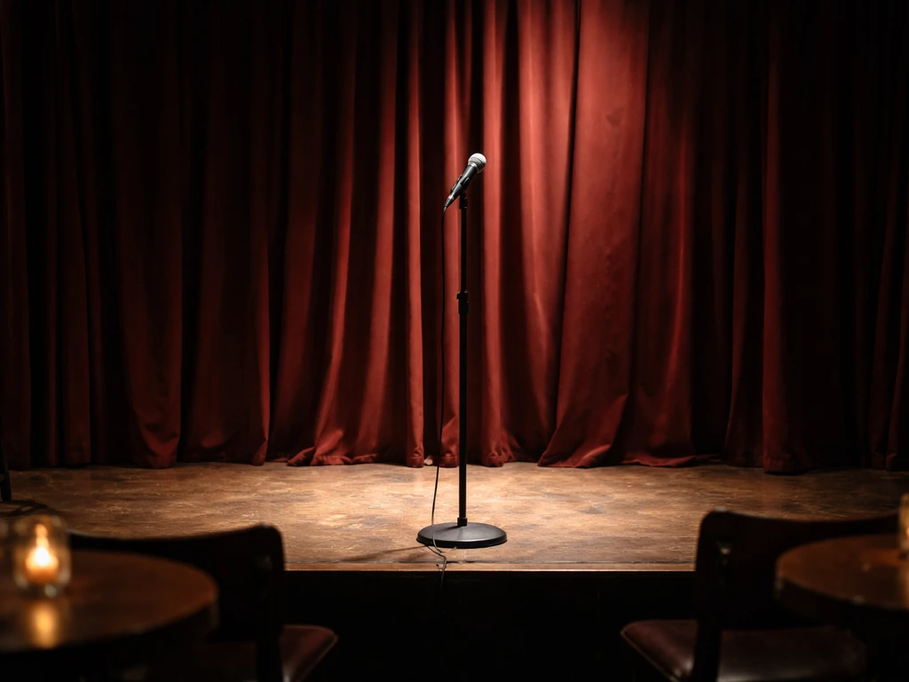 Empty comedy club stage with a spotlight and a microphone on a stand, suggesting stand-up media work.
