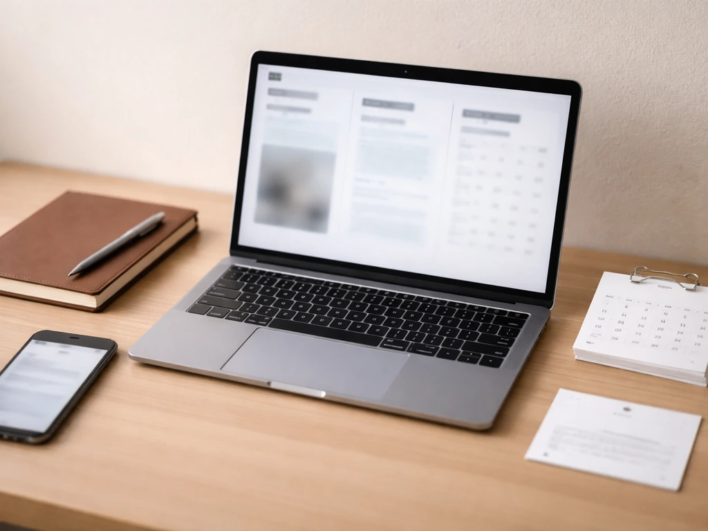 Minimal desk scene with laptop, notebook, and smartphone showing public pages as a blurred montage