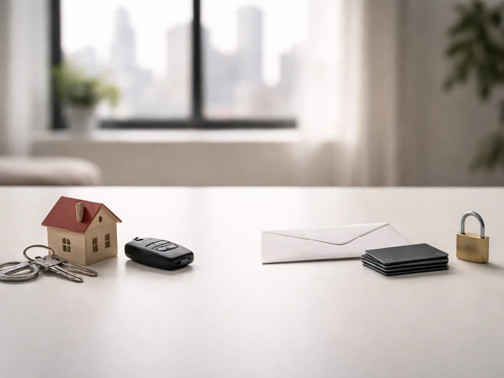 Minimal desk scene with asset objects (house/car keys) and liability objects (cards/lock) symbolizing net worth.