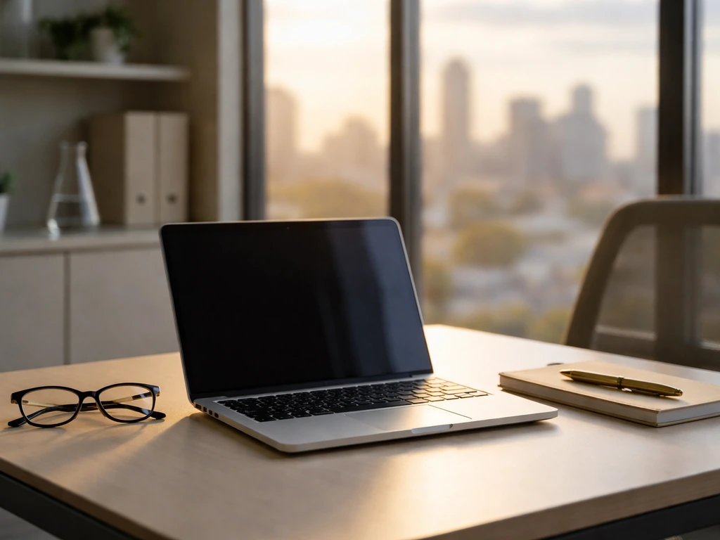 Minimal photo of a life-sciences executive desk with laptop, fountain pen, and a blurred city skyline—symbolic wealth an