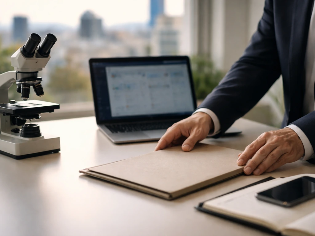 Anonymous executive’s hands at a minimalist office desk with microscope and blurred skyline background.