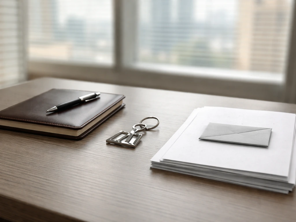 Minimal office desk showing three items symbolizing salary/bonus, equity, and incentives.