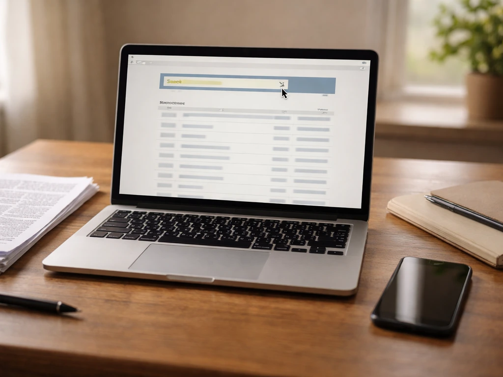 Minimal desk scene with a laptop displaying a generic SEC-style search results layout.