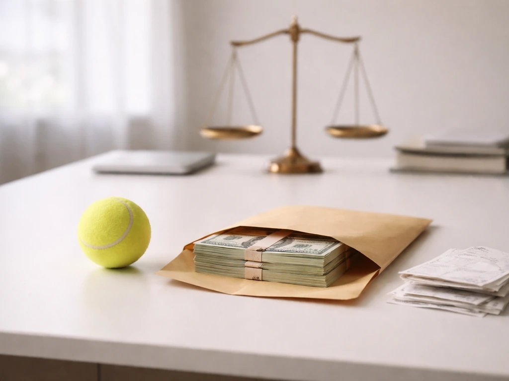 Tennis ball and envelope of prize money concept on a desk with a subtle balance scale vibe, no text.