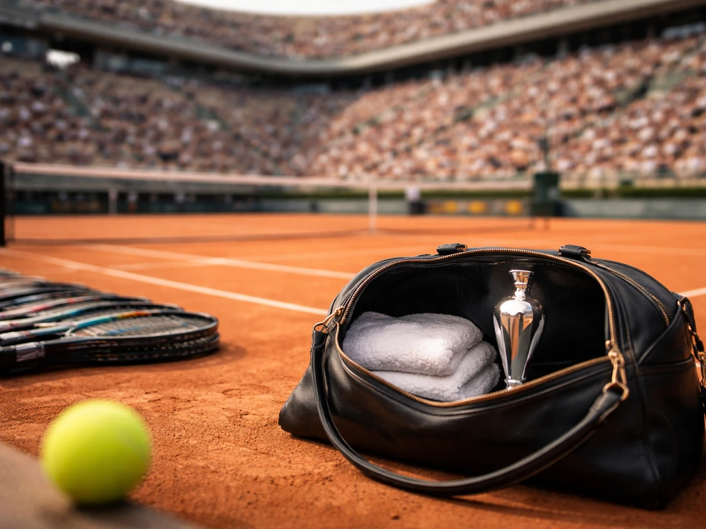 Tennis court scene with rackets and a duffel near the sideline, suggesting major tournament earnings.
