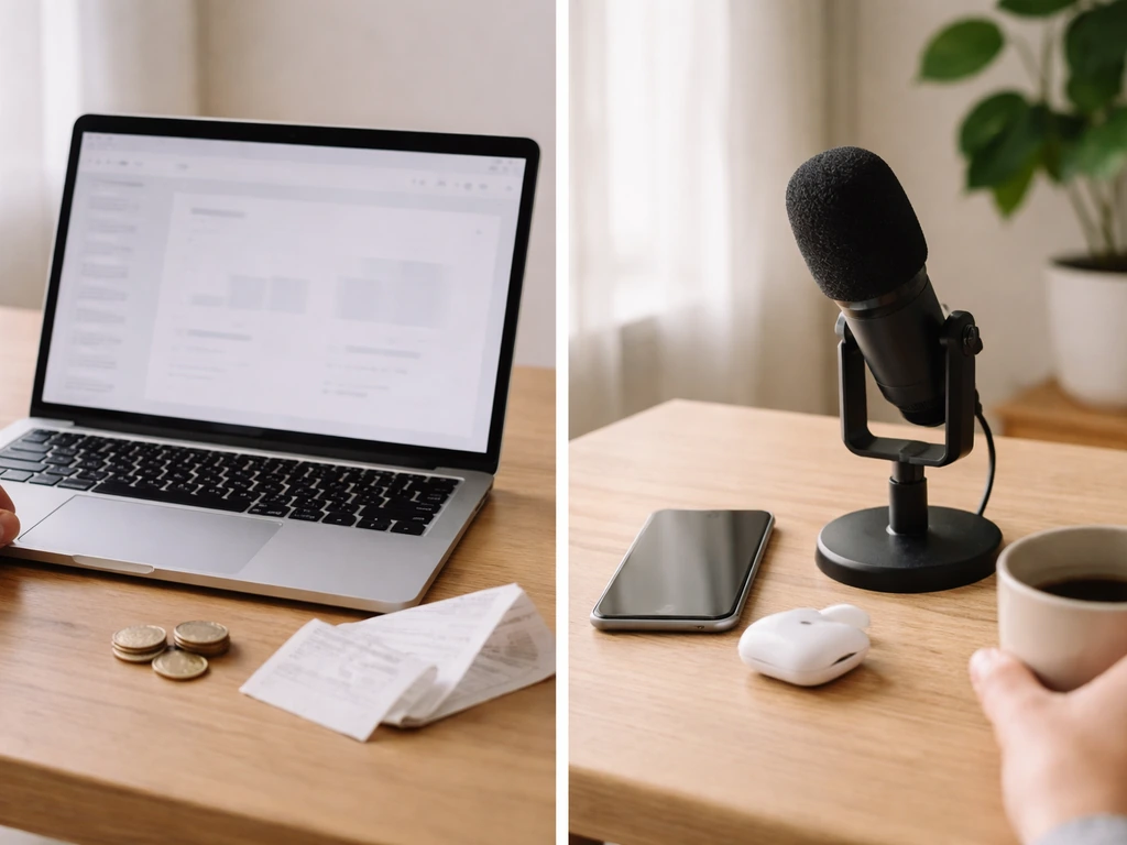 Split-screen desk scene: laptop with coins on left, microphone and phone on right suggesting money sources.