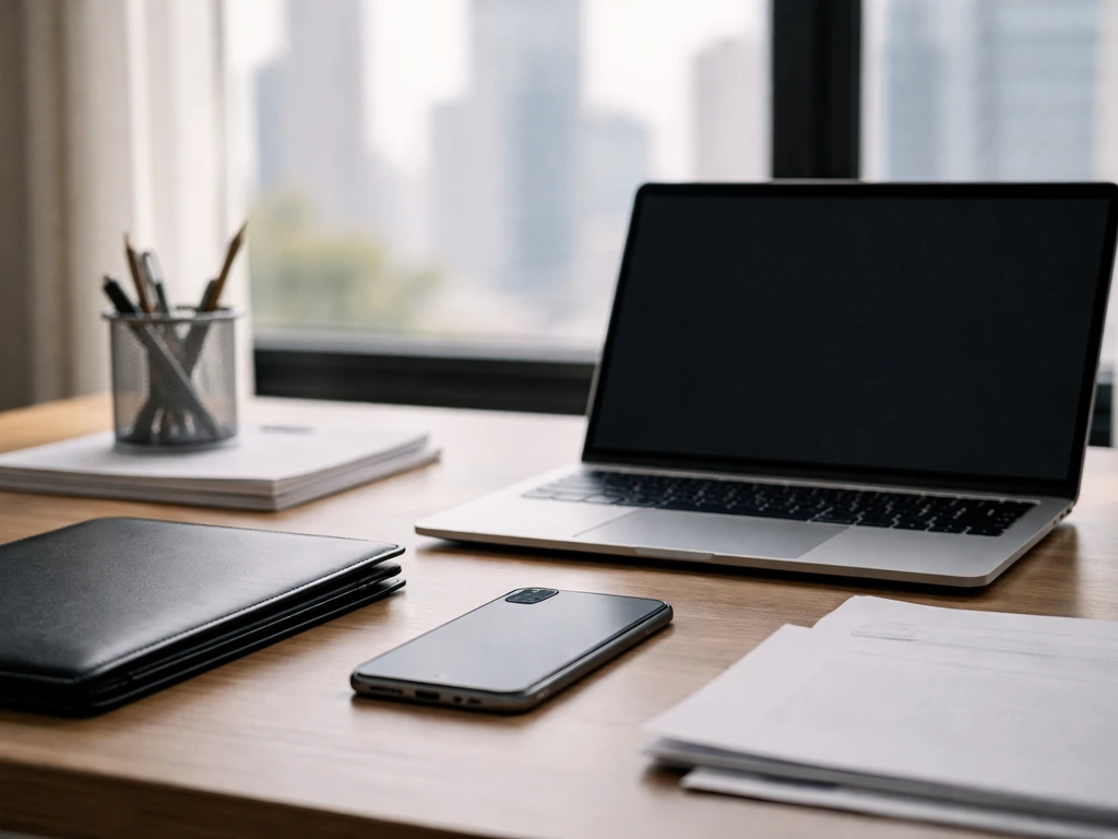 Minimal business office desk with a laptop and smartphone, symbolizing verifying a public business figure