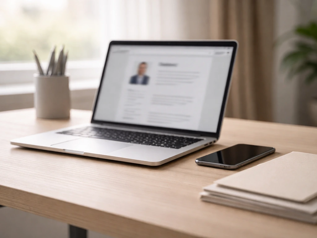 Minimal office desk with laptop and smartphone, suggesting a blurred business directory profile lookup.
