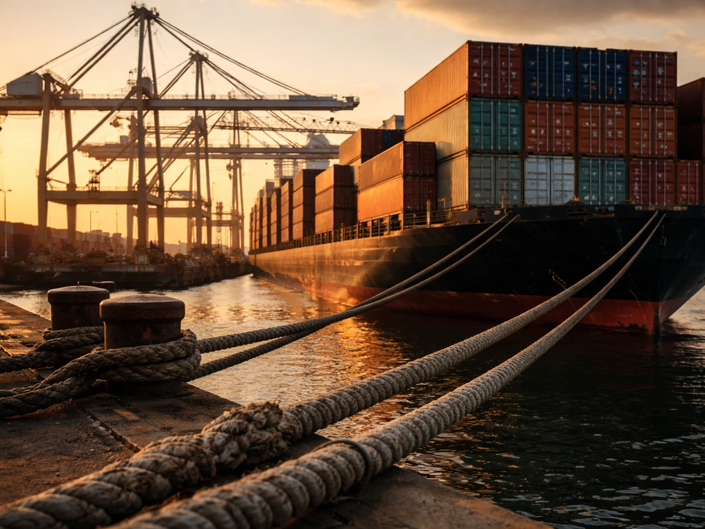 Close view of stacked cargo containers at an industrial port with a waiting container ship