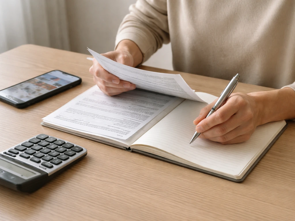Person reviewing financial documents and a notebook on a desk during due diligence checks.