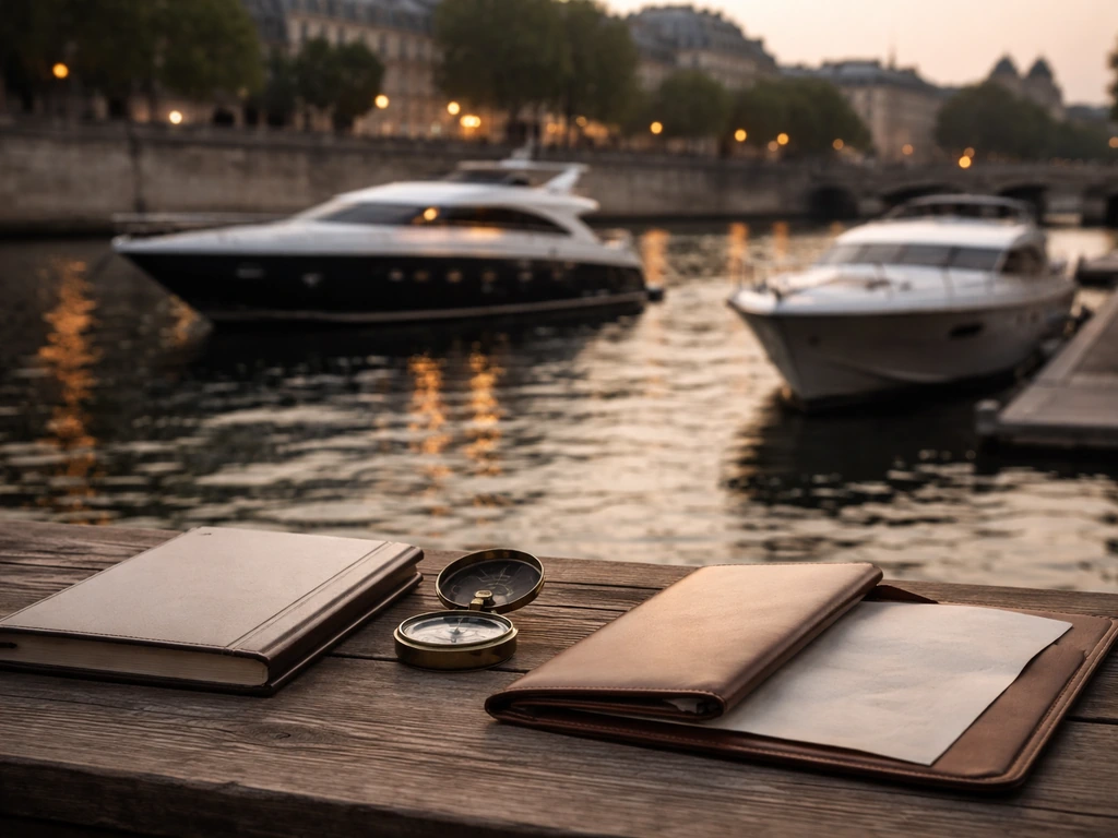 Luxury private yacht at an elegant harbor in Paris, hinting at maritime wealth.