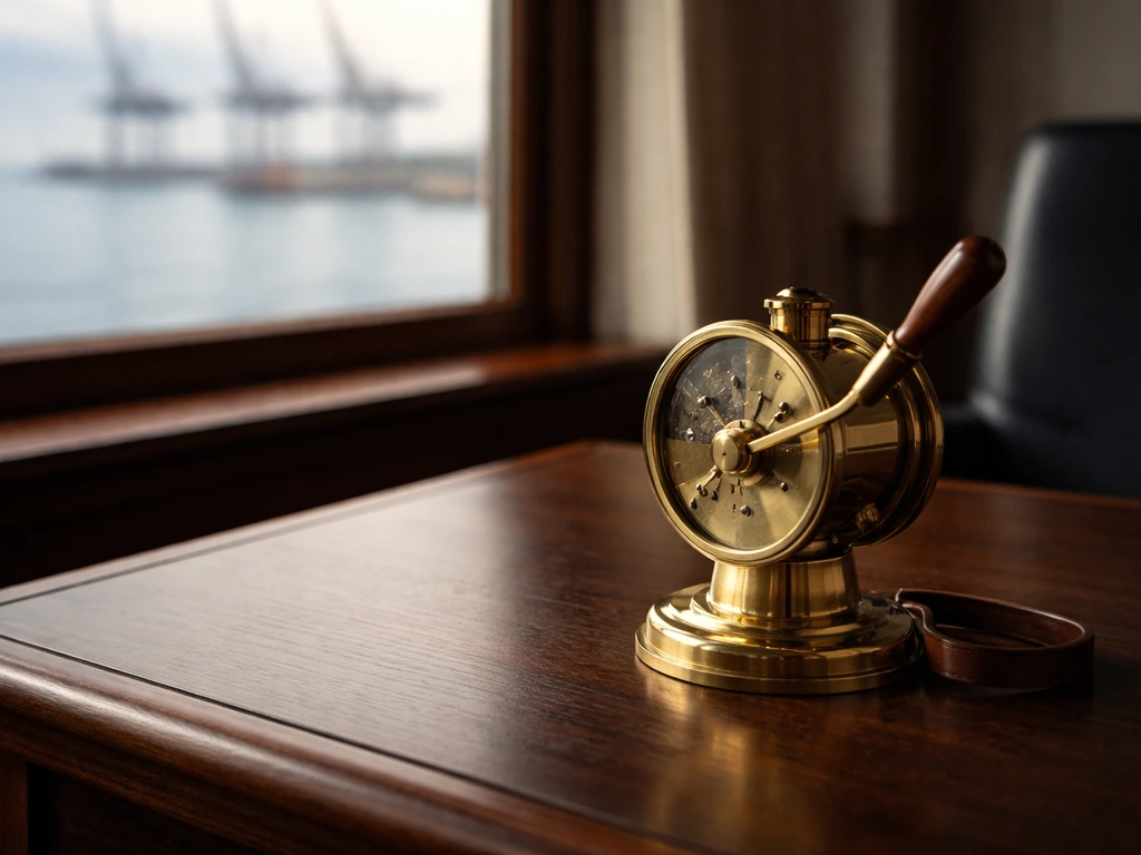 Minimal photo of a polished brass ship telegraph in a quiet maritime office, symbolizing shipping wealth