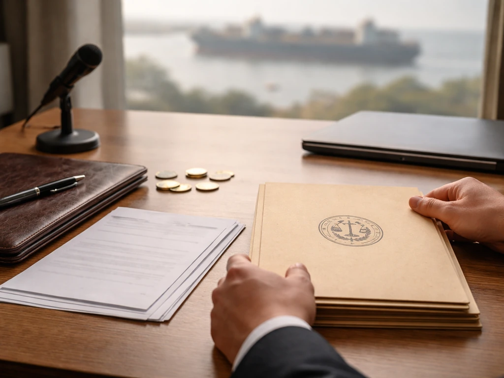 Minimal photo of a banker’s desk with shipping and corporate folders, money motifs, and a subtle silhouette background.