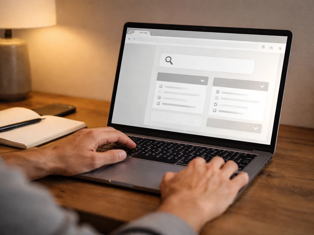 Person using a laptop to verify company filings on a finance research website in a quiet home office.