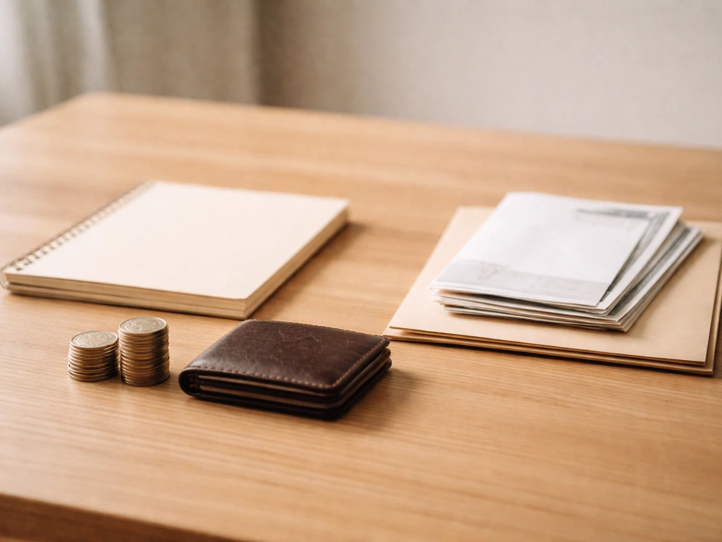 Minimal desk photo with coins and wallet on one side, blank bills and folder on the other to suggest net worth.