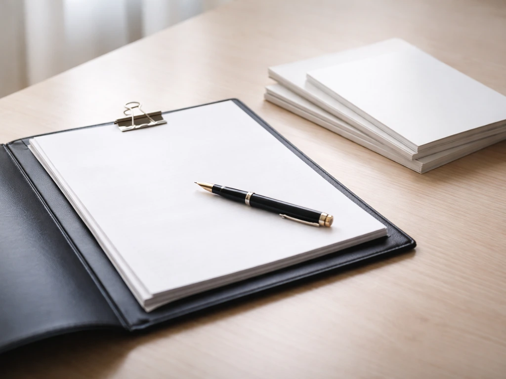 Minimal desk scene with an open contract folder and blank salary guide pages beside a pen.