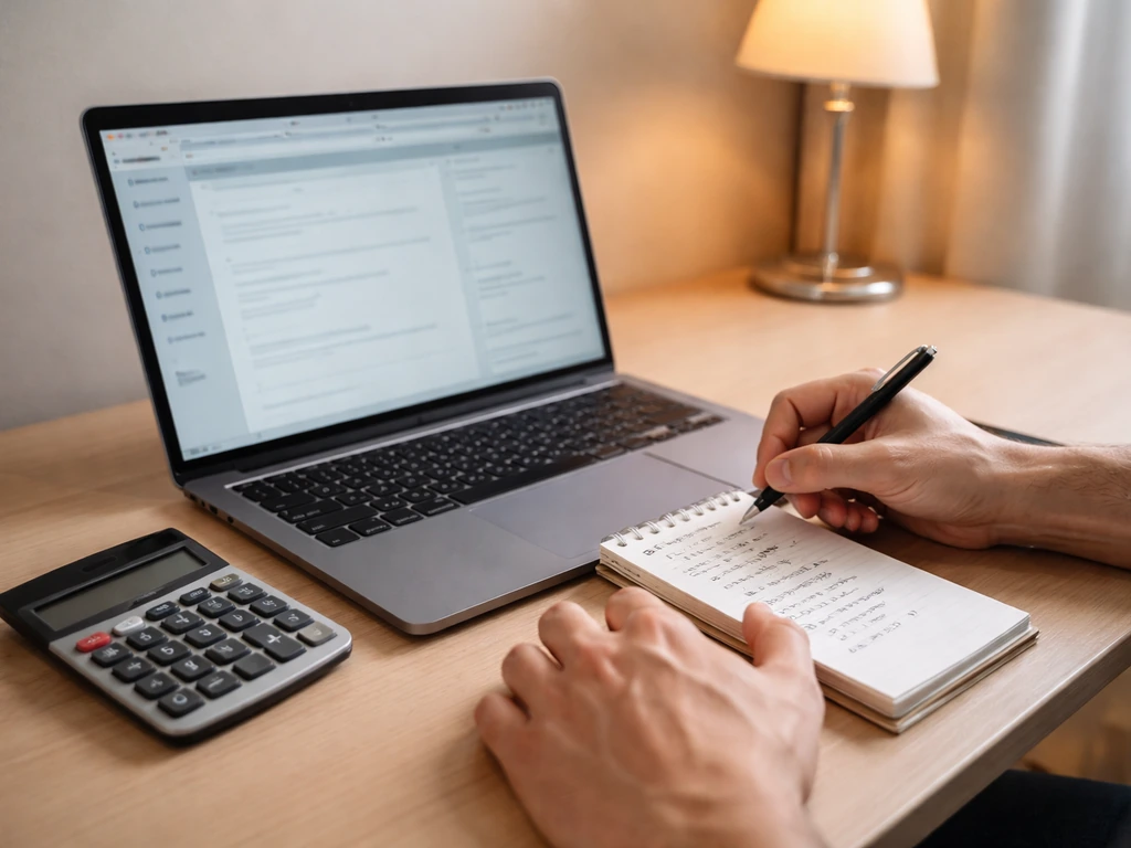 Person at a desk reviewing online money sources on a laptop with calculator and notes