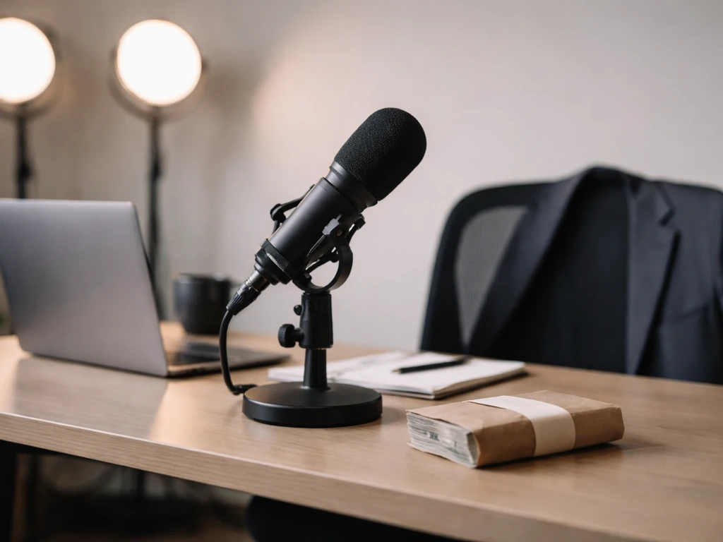 Minimal media studio desk with microphone, studio lights, and a subtle stack of cash symbols