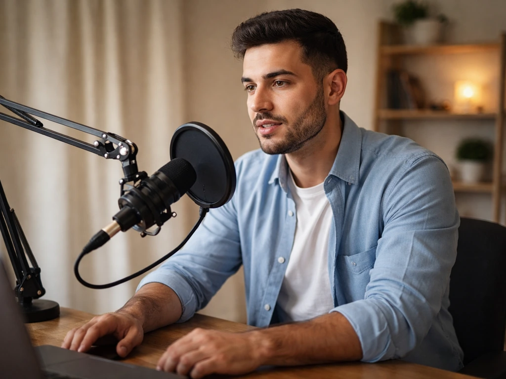 Greek Cypriot podcast creator seated at a desk with a microphone in a quiet studio.