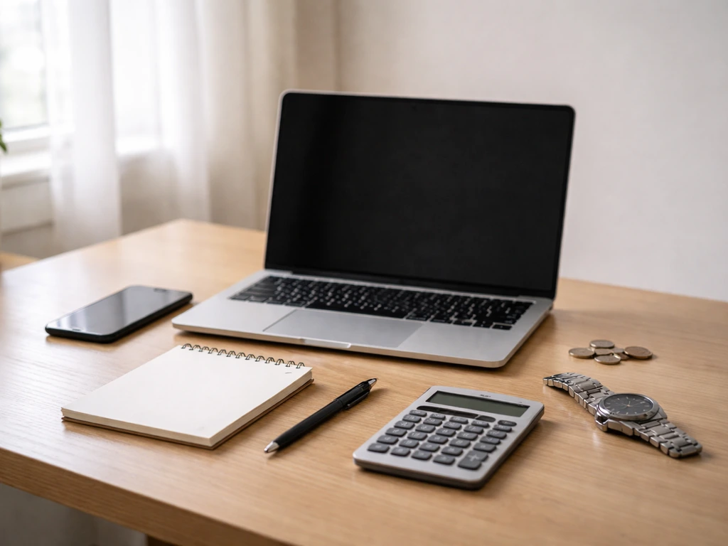 Minimal desk scene with laptop, phone, calculator, and coins suggesting media earnings estimation.