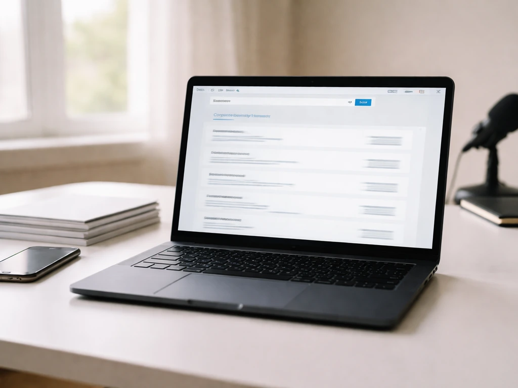 Close-up of a laptop displaying a generic corporate registry search page and a neatly organized media business desk